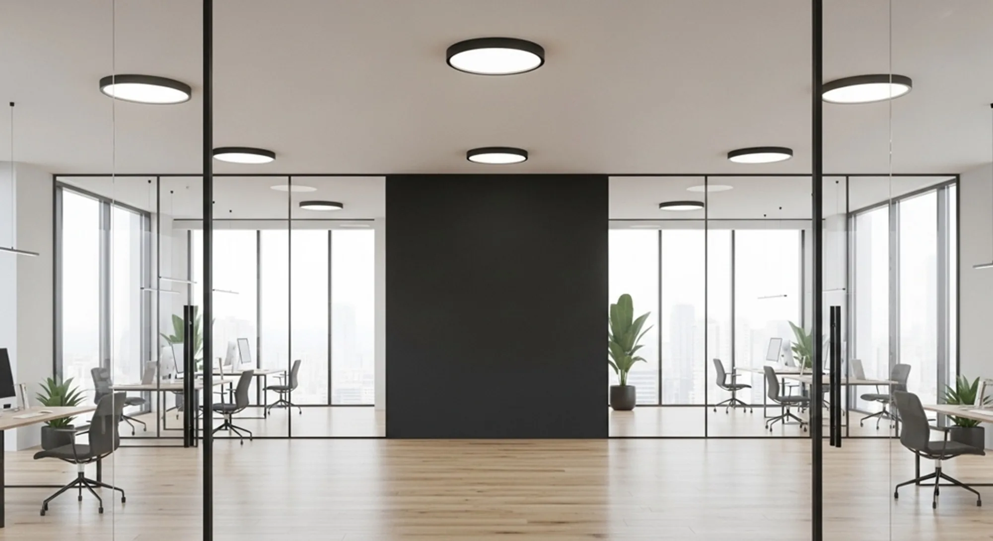 Helles, modernes Büro mit Glaswänden und Arbeitsplätzen